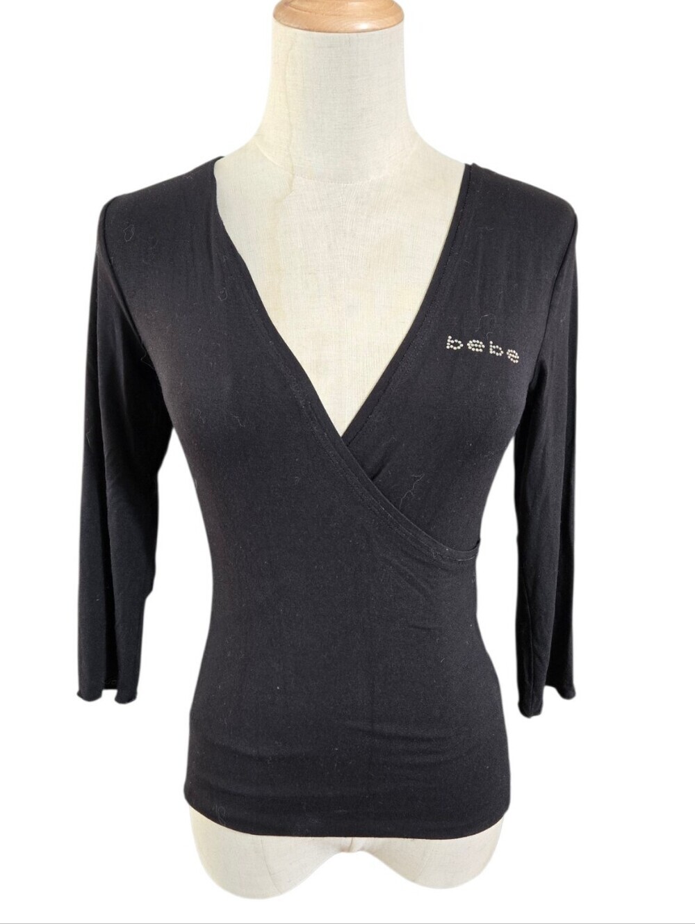 bebe Black Rhinestone-Logo Wrap Long Sleeve Top